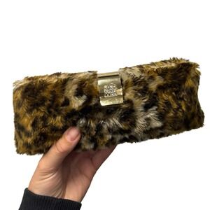 Faux Fur Leopard Print Clutch Evening Bag Gold‎ Tone Hardware Glam Party